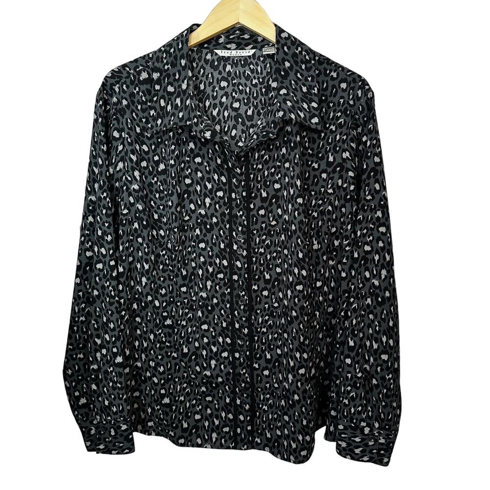 Fred David Gray Black Leopard‎ Print Shirt Womens Button Up Top Size 3X Stretch